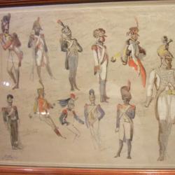 Etude de costumes d'infanterie 1er empire par CLAIRIN au crayon, encre et gouache