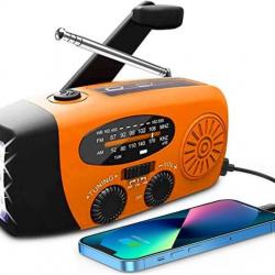 Radio d'Urgence Solaire Portable AM/FM Batterie 2000mAh Météo SOS Manivelle Piles Chargeur Orange