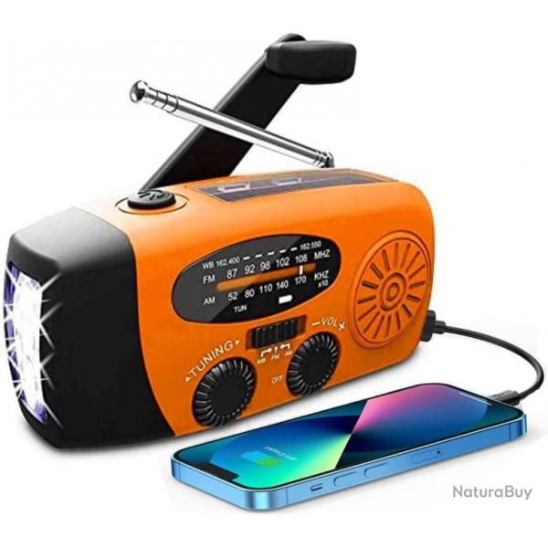Radio d'Urgence Solaire Portable AM/FM Batterie 2000mAh Mto SOS Manivelle Piles Chargeur Orange