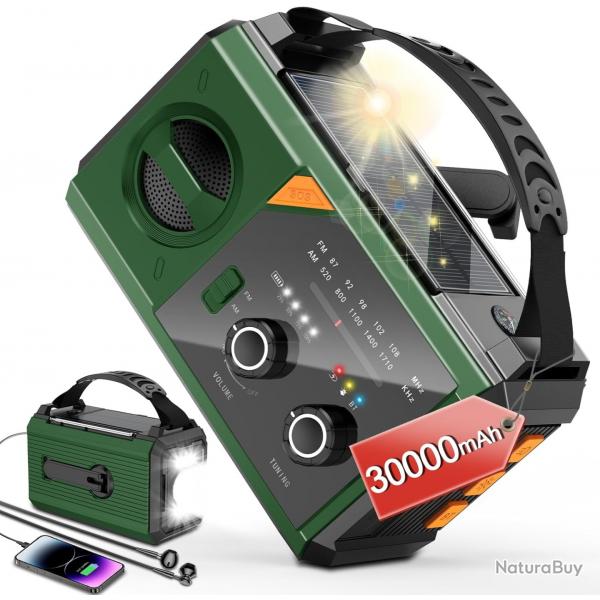 Radio Solaire Portable AM/FM Batterie 30000mAh Bluetooth Manivelle Boussole SOS Lampe de Poche