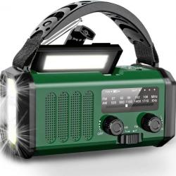 Radio Solaire d'Urgence Portable Batterie 10000mAh AM/FM Météo SOS Manivelle Boussole Piles Chargeur