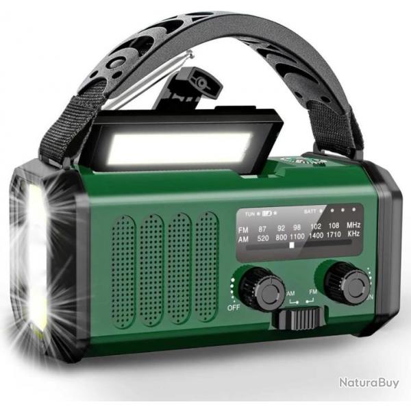 Radio Solaire d'Urgence Portable Batterie 10000mAh AM/FM Mto SOS Manivelle Boussole Piles Chargeur