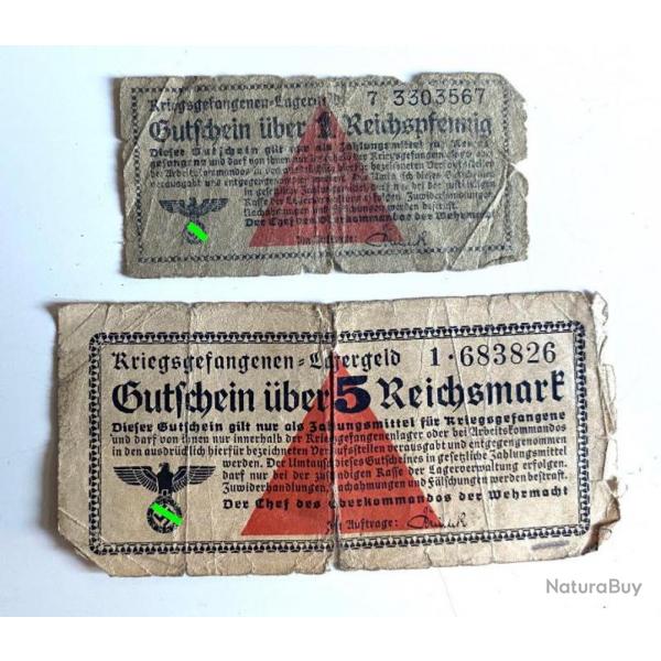 Anciens Billets Allemand ww2 5 Reichsmark et 1 Reichspfenning
