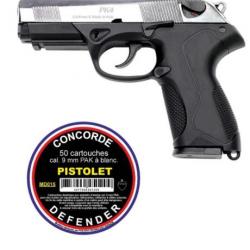 Pack pistolet PK4 Cal. 9mm PAK - Chrome + boîte de 50 cartouches à blanc Concorde