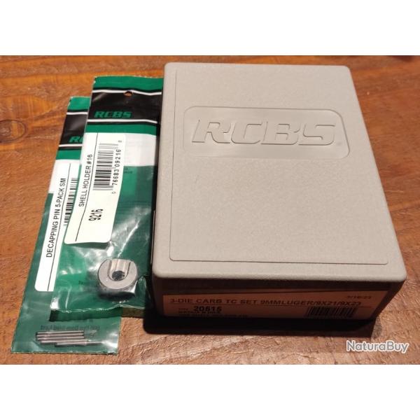 Jeu d'outils RCBS carbure 9mm + shell holder + aiguilles de dsamorage