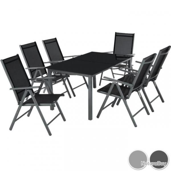 Salon de jardin aluminium 6 places (6 chaises+1table en verre) gris /fonc table166