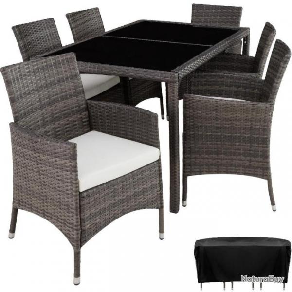 Salon de jardin LISA gris/blanc 6 chaises+1 table en poly rotin salon321