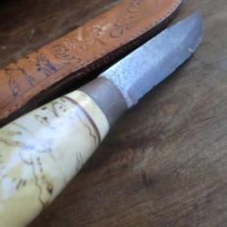 ancien couteau chasse norge fixe manche avec  etui cuir motif decor