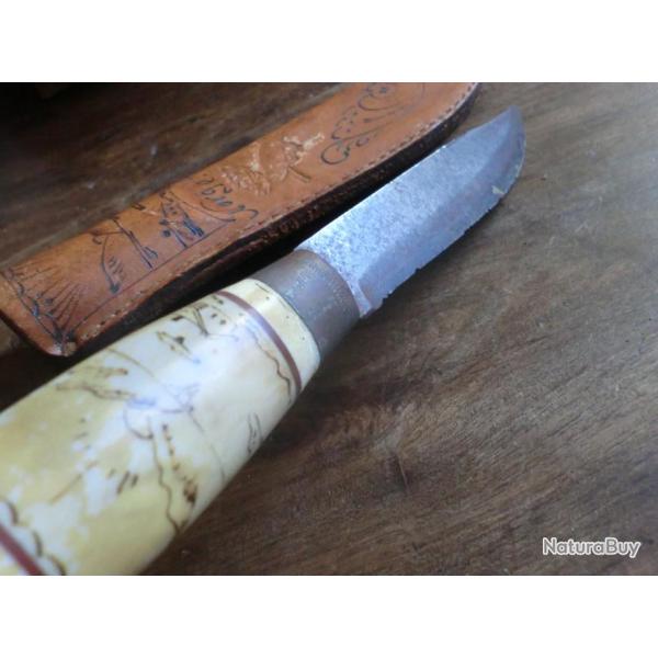 ancien couteau chasse norge fixe manche avec  etui cuir motif decor