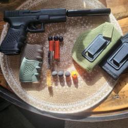 Glock 17 PAK gap front firing + embout long gomm cogne + projectiles + holster + poignée tactique