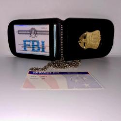 RÉDUCTION! [POLICE AMERICAINE] BADGE FBI MÉTAL SUR PLAQUE CUIRE AVEC CARTE FBI MADE IN USA!