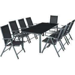 ACTI-Salon de jardin aluminium gris foncé 8 places( 8 chaises+ 1 table en verre) salon164