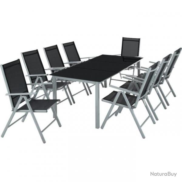ACTI-Salon de jardin aluminium gris argent 8 places( 8 chaises+ 1 table en verre) salon165