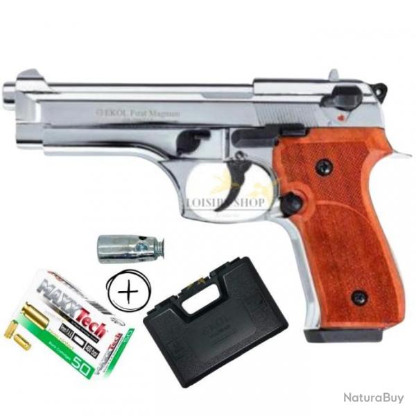 Pack pistolet d'alarme Ekol Firat Magnum cal.9mm chrome et bois + 50 balles  blanc et accessoires