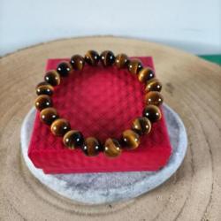 Bracelet perles 10 mm pierres naturelles oeil de tigre avec écrin Réf : N105