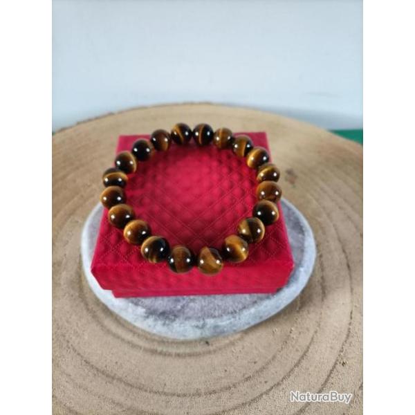 Bracelet perles 10 mm pierres naturelles oeil de tigre avec crin Rf : N105