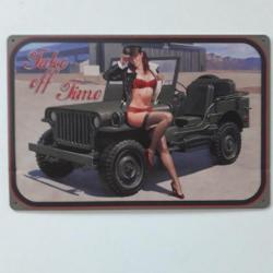 PLAQUE METAL JEEP "PIN-UP "TAKE OFF TIME"