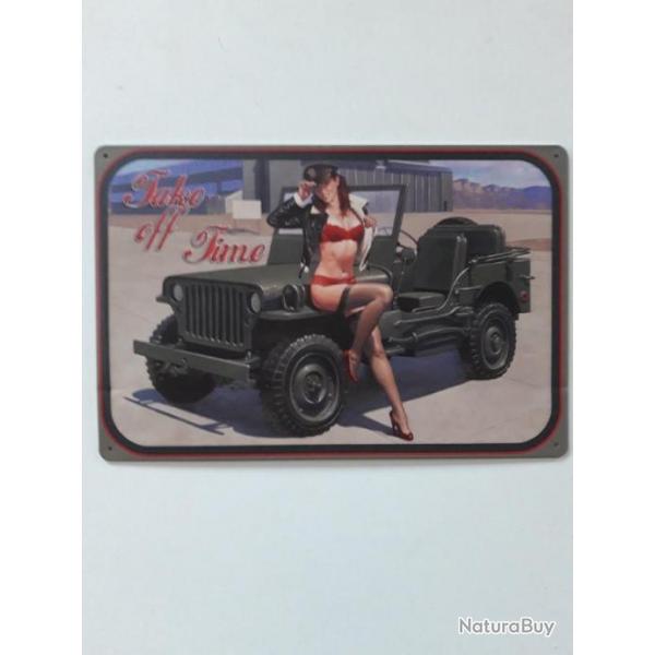 PLAQUE METAL JEEP "PIN-UP "TAKE OFF TIME"