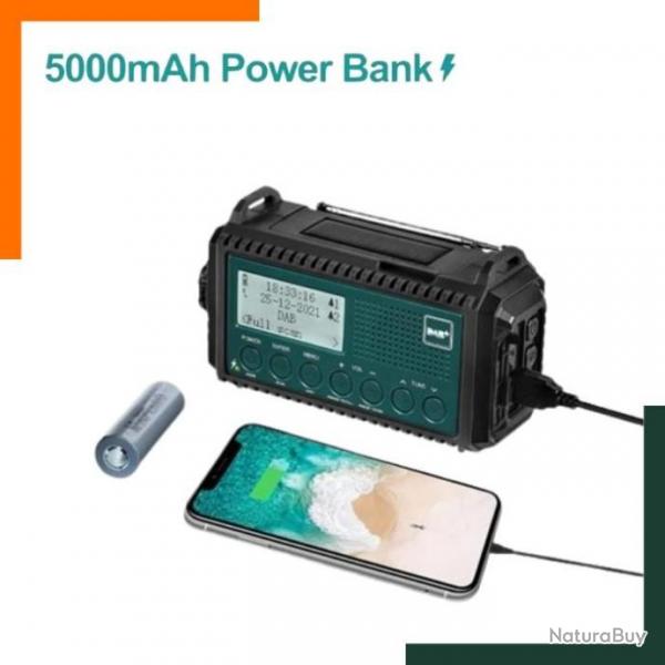 Radio d'urgence  manivelle - Powerbank 5000 mAh - Multifonctions - 5 modes de rechargement