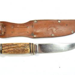 Ancien couteau de chasse Allemand WIDDER SOLINGEN inox ROSTFREI GERMANY avec étui cuir