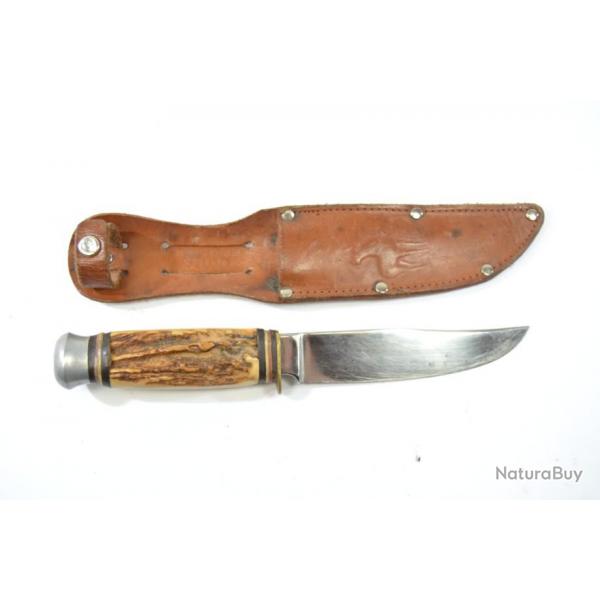 Ancien couteau de chasse Allemand WIDDER SOLINGEN inox ROSTFREI GERMANY avec tui cuir