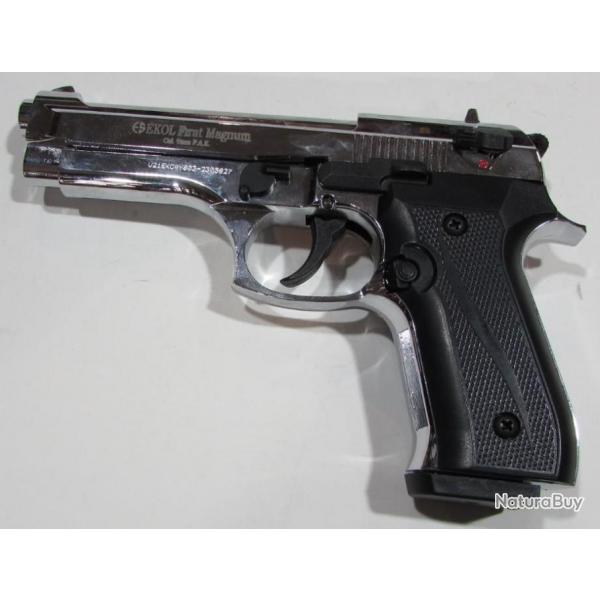 Pistolet semi auto ekol modele Firat Magnum 92 chrome cal 9mm a blanc, avec embout lance fuse