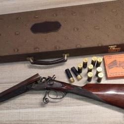 Magnifique fusil juxtaposé de luxe gravé  main calibre 16 jaspé percu centrale canon damas + malette
