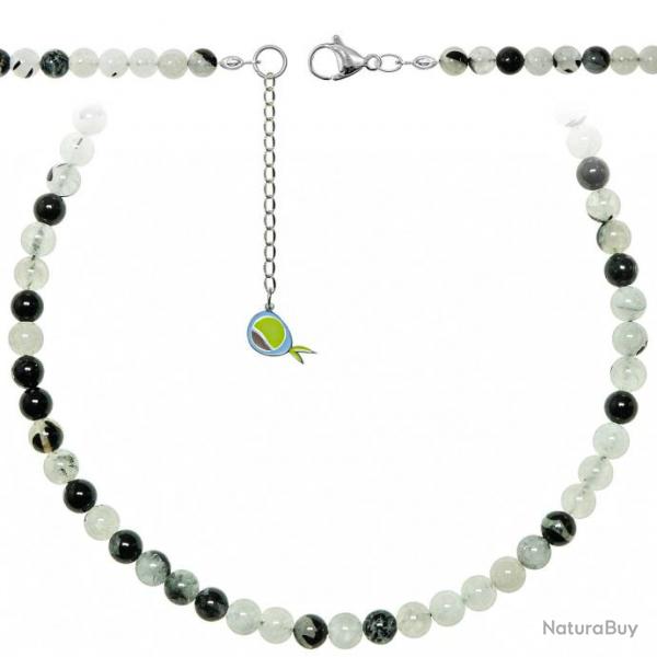 Collier en quartz avec inclusions de tourmaline noire - Perles rondes 6 mm - 43 cm