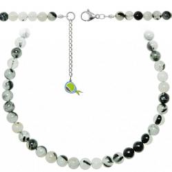 Collier en quartz avec inclusions de tourmaline noire - Perles rondes 8 mm - 38 cm