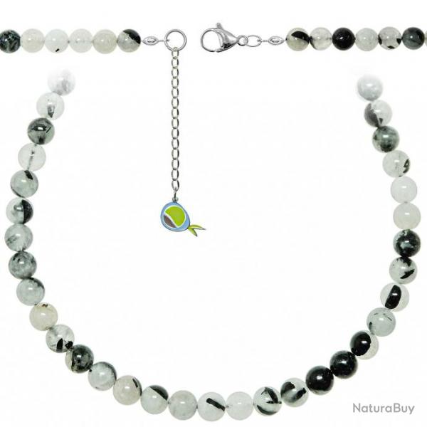 Collier en quartz avec inclusions de tourmaline noire - Perles rondes 8 mm - 43 cm