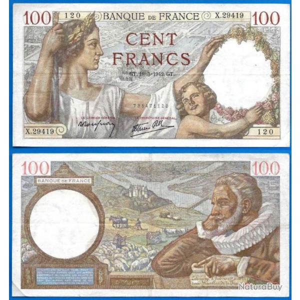 France 100 Francs 1942 Serie X Grand Billet Sully Franc Frs Frc Frcs