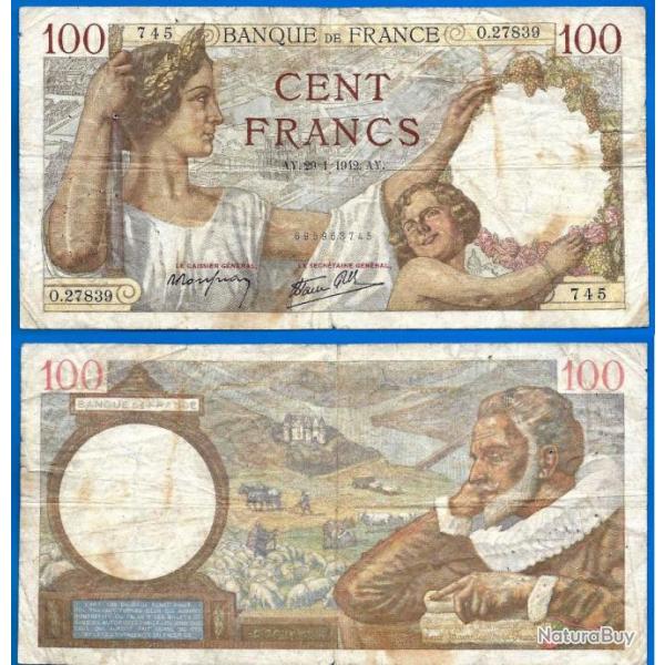 France 100 Francs 1942 Serie O Grand Billet Sully Franc Frs Frc Frcs