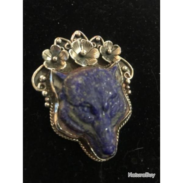 Pendentif amrindien tte de loup lapis lazuli sur argent sculpt
