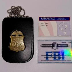 RÉDUCTION! FBI  [FEDERAL BUREAU OF INVESTIGATION] INSIGNE FBI MÉTAL SUR PLAQUE CUIRE + CARTE FBI