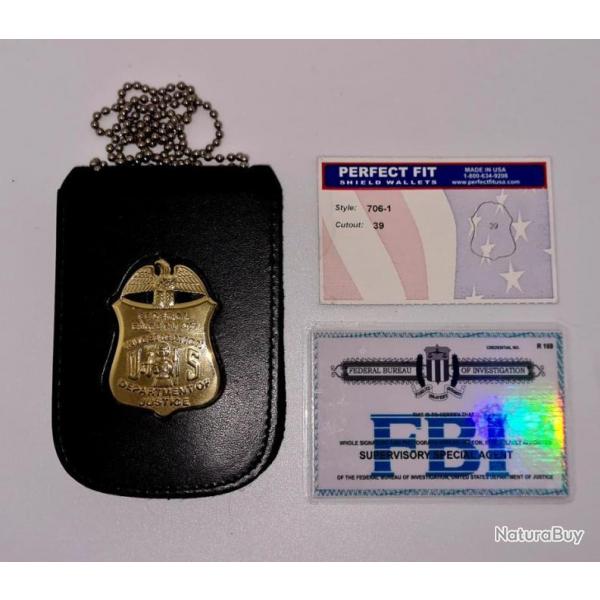 RDUCTION! FBI  [FEDERAL BUREAU OF INVESTIGATION] INSIGNE FBI MTAL SUR PLAQUE CUIRE + CARTE FBI