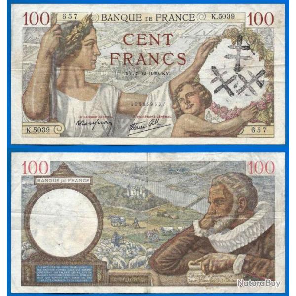 France 100 Francs 1939 Surcharge Serie K Grand Billet Sully Franc Frs Frc Frcs
