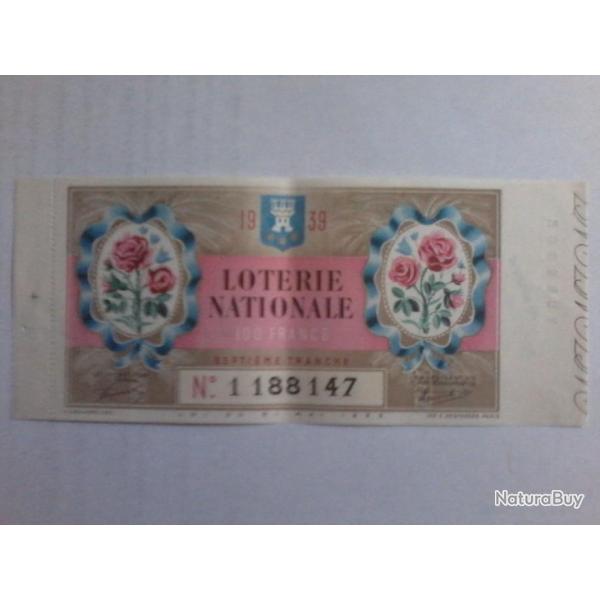 ancien billet loterie Nationale 7 tranche de 1939