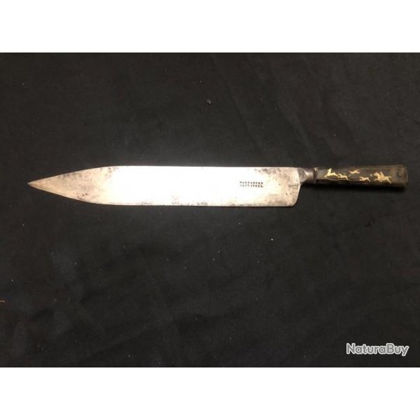 ancien couteau de chasse  WARRANEED CAST STEEL avec le manche "scene de chasse a cour "