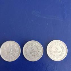 3 pieces de 5 franc 1945  1949 1947