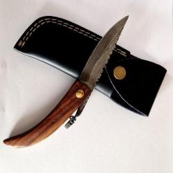 Couteau Damas de Berger Artisanal lame forgé tete de bélier avec étui cuir