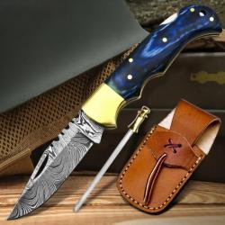 Couteau de poche Pliant FH Knives en Damas fait main Bleu avec Etui en cuir