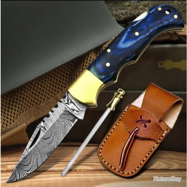 Couteau de poche Pliant FH Knives en Damas fait main Bleu avec Etui en cuir