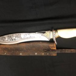 couteau bowie dague poignard de chasse alce lame grave manche tete de loup metal