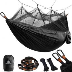 Hamac Ultra-léger 300x200 cm Moustiquaire Bivouac Nylon Parachute 2 Places Charge 300 kg Noir