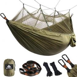 Hamac Ultra-léger 275x140 cm Moustiquaire Bivouac Charge 300 kg Durable Nylon Parachute Vert Armée