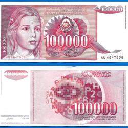 Yougoslavie 100000 Dinars 1989 Prefixe AU Billet Dinara Jeune fille