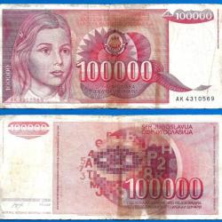 Yougoslavie 100000 Dinars 1989 Prefixe AK Billet Dinara Jeune fille