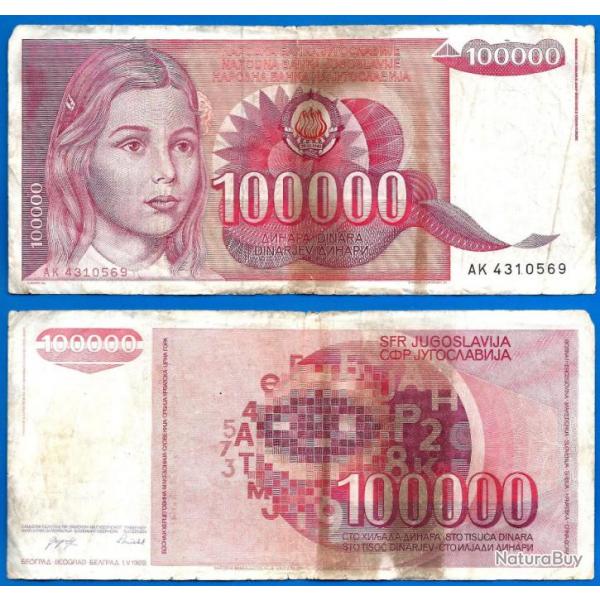 Yougoslavie 100000 Dinars 1989 Prefixe AK Billet Dinara Jeune fille