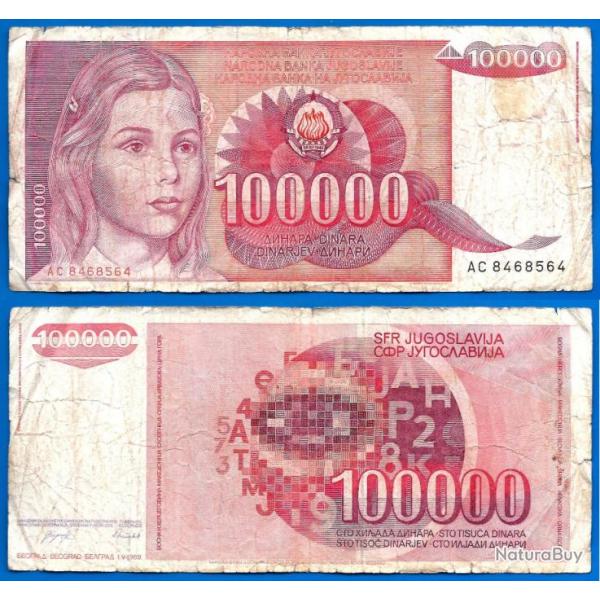 Yougoslavie 100000 Dinars 1989 Prefixe AC Billet Dinara Jeune fille