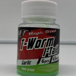Leurre de pêche Magic Trout t-worm I-tail 65mm néon green garlic